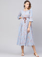 Women's  Blue & Orange Quirky Printed A-Line Dress