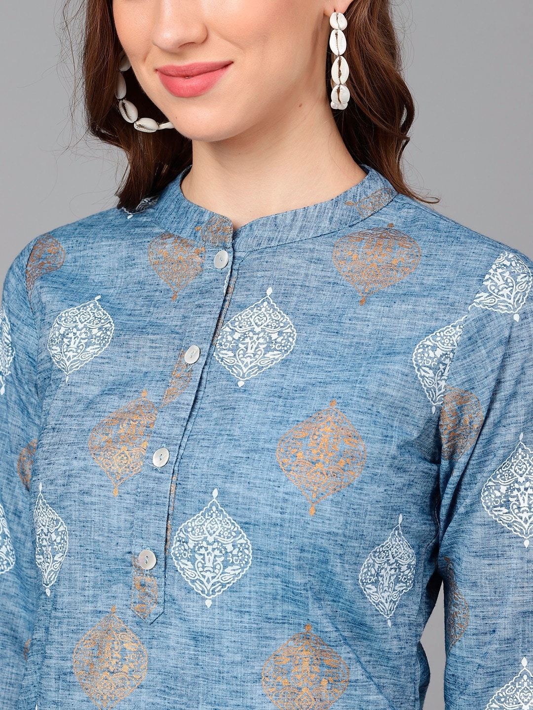 Women's  Blue & Gold-Toned Printed Straight Kurta