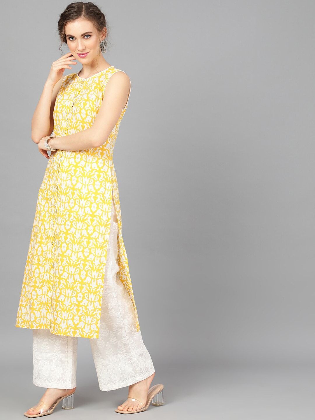 Women's  Yellow & White Printed Straight Kurta