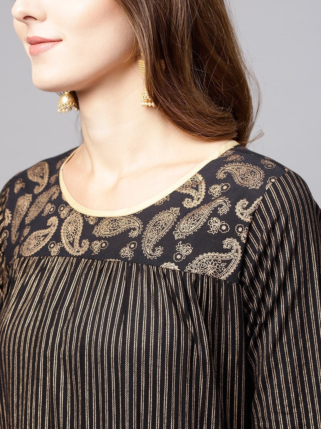 Women's  Black & Golden Printed Tiered Anarkali Kurta