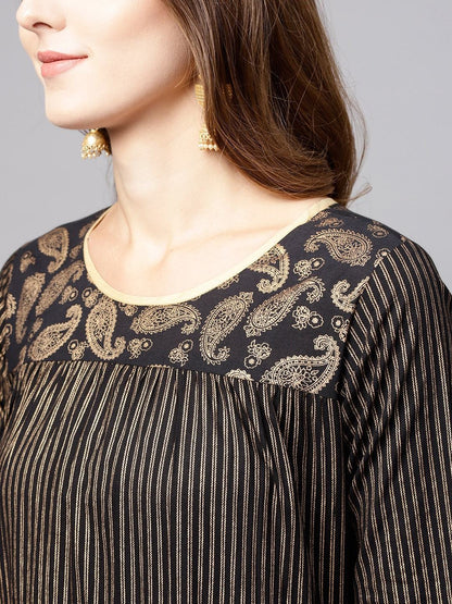 Women's  Black & Golden Printed Tiered Anarkali Kurta