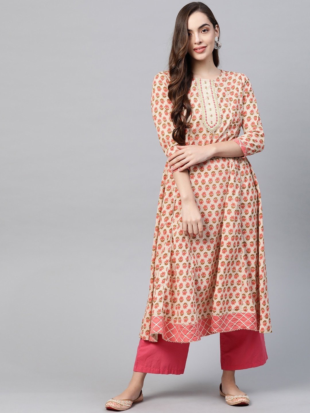 Women's Beige & Peach Printed Kurta