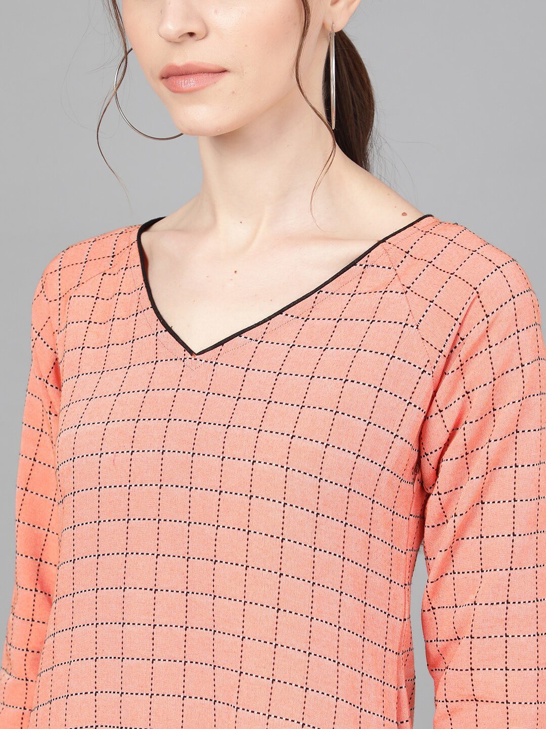 Women's  Peach-Coloured Checked Drop-Waist Dress