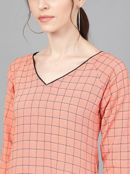 Women's  Peach-Coloured Checked Drop-Waist Dress
