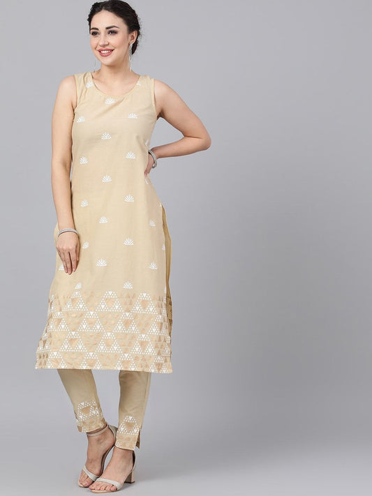 Women's  Beige Printed Kurta with Trousers