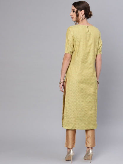 Women's  Green & Golden Woven Design Straight Kurta
