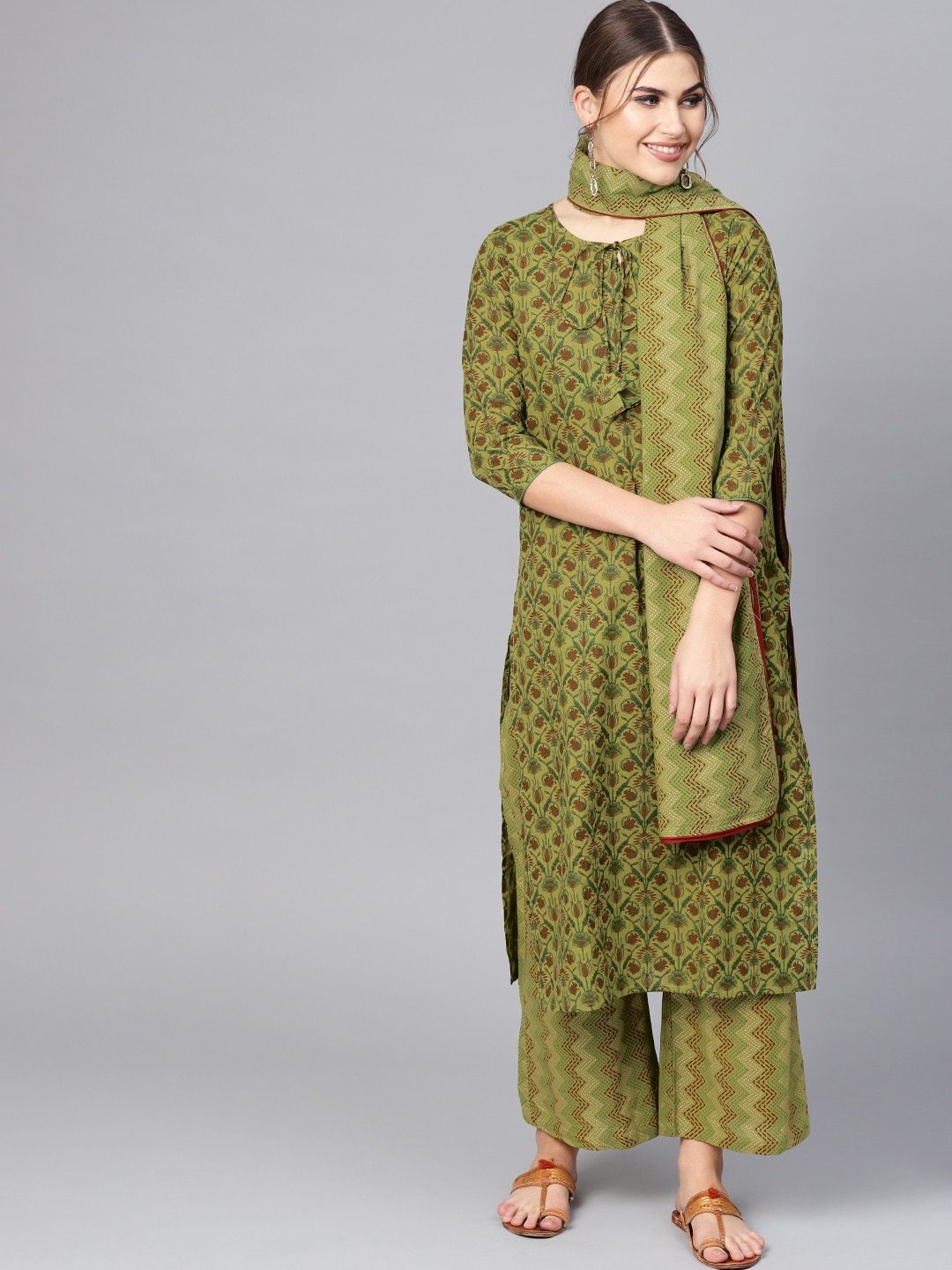 Women's  Green & Maroon Khari Print Kurta with Palazzos & Dupatta