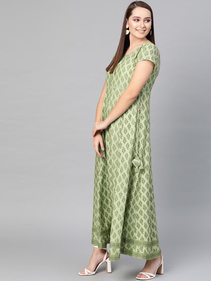 Women's  Green Printed Fit and Flare Dress
