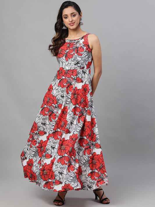 Women's  White& Red Floral Printed Maxi Dress