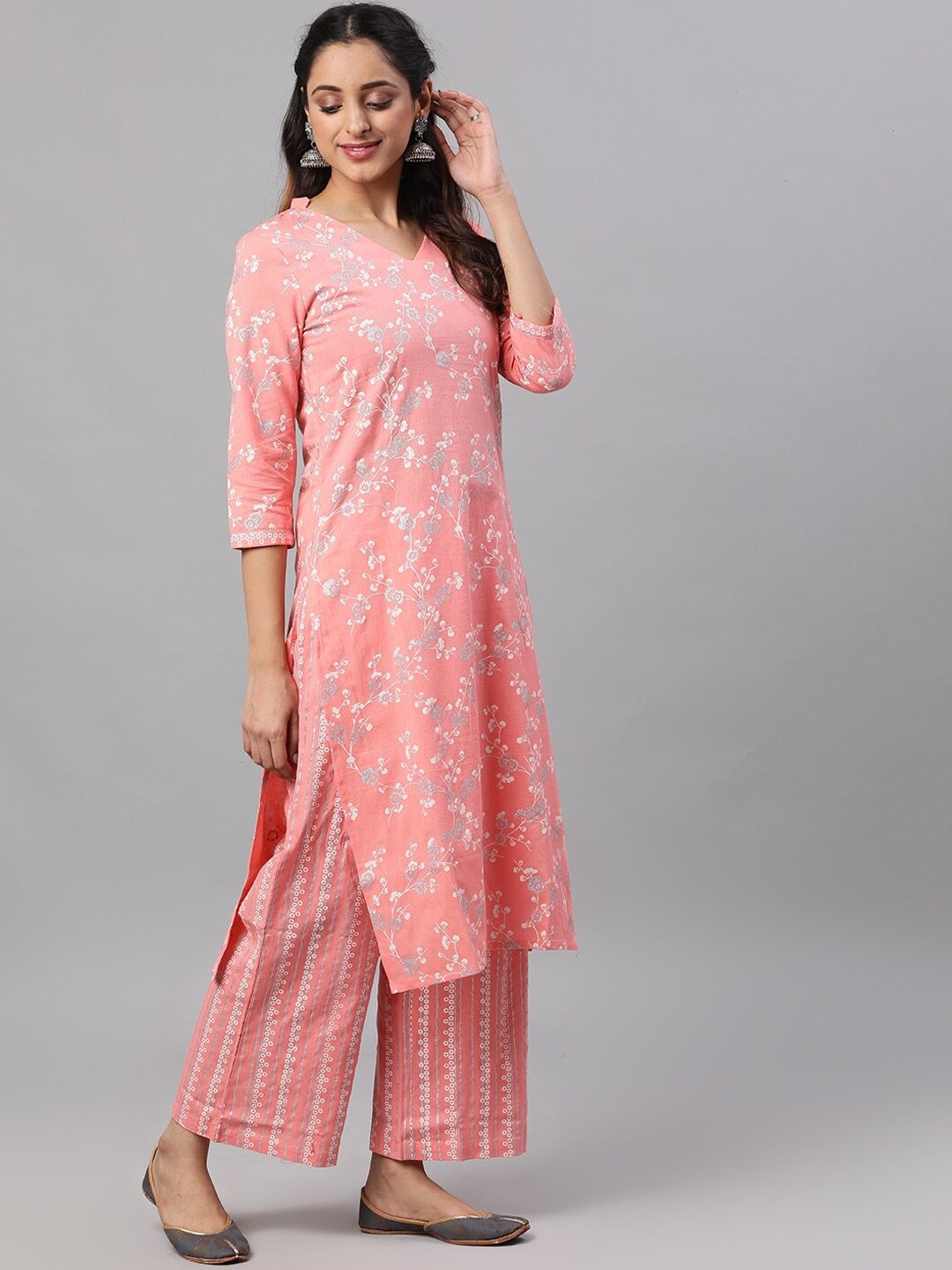 Women's  Peach-Coloured & Silver-Toned Printed Kurti with Palazzos