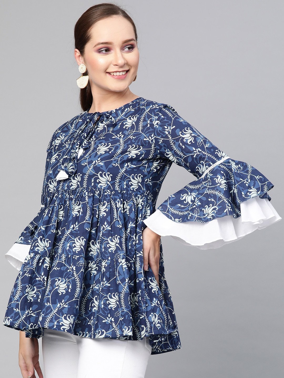 Women's  Navy Blue & White Printed A-Line Tunic