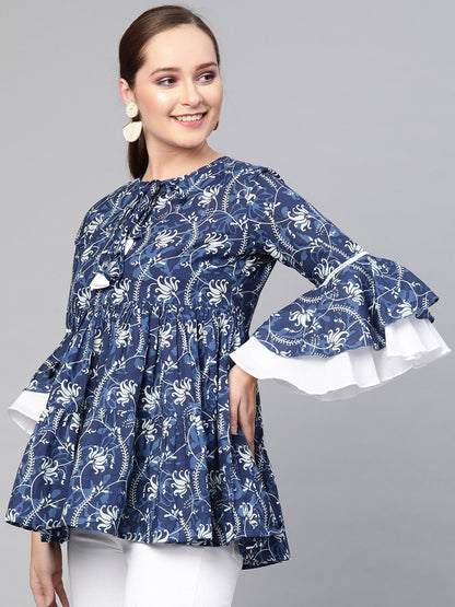 Women's  Navy Blue & White Printed A-Line Tunic