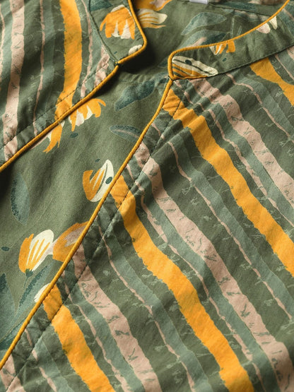 Women's  Green & Yellow Floral Printed Maxi Dress with Ethnic Jacket