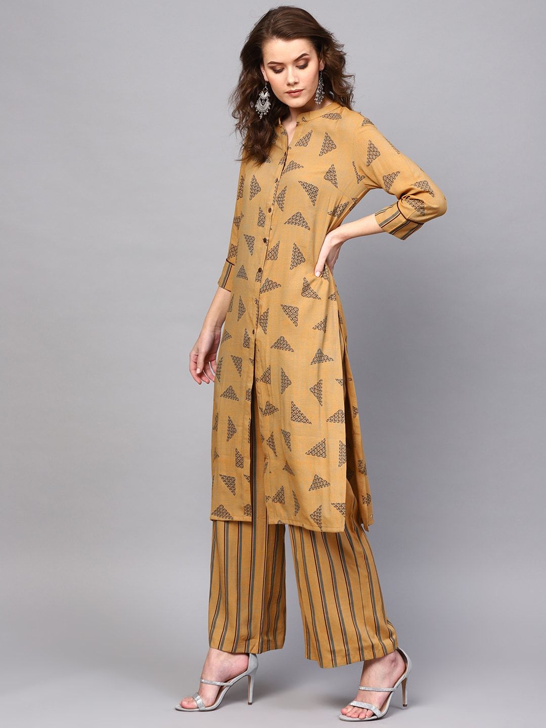 Women's  Beige & Grey Printed Kurta with Palazzos