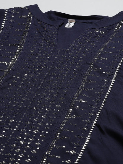 Women's Navy Blue Regular Sequinned Kurta Set
