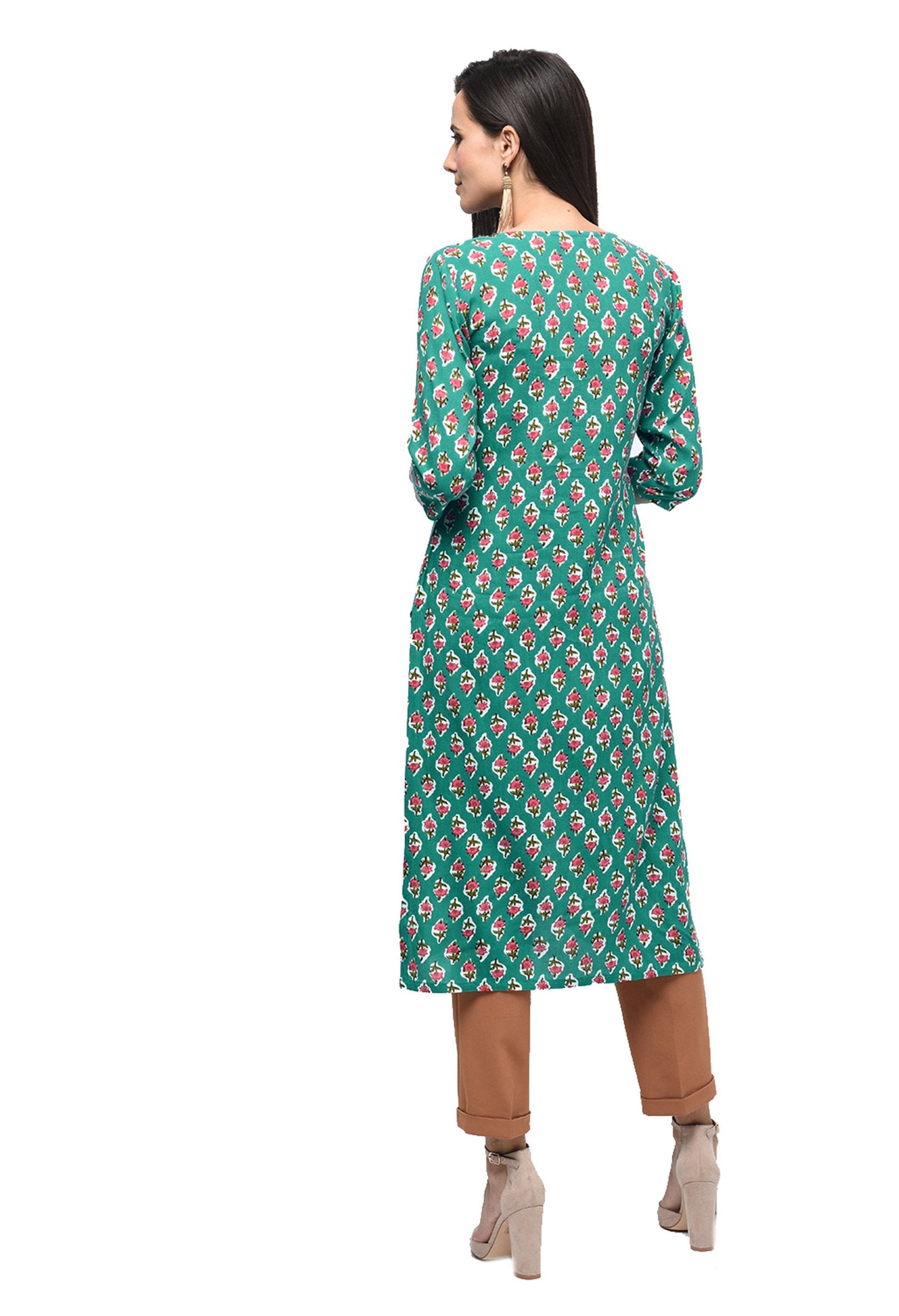 Women's Green Rayon Printed Half Sleeve Round Neck Casual Kurta Only