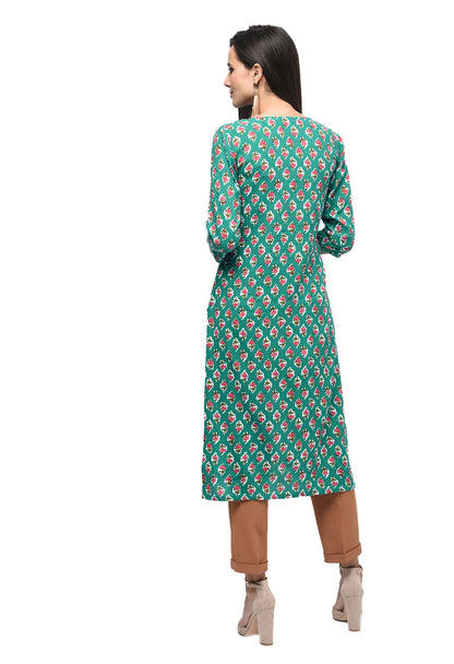 Women's Green Rayon Printed Half Sleeve Round Neck Casual Kurta Only