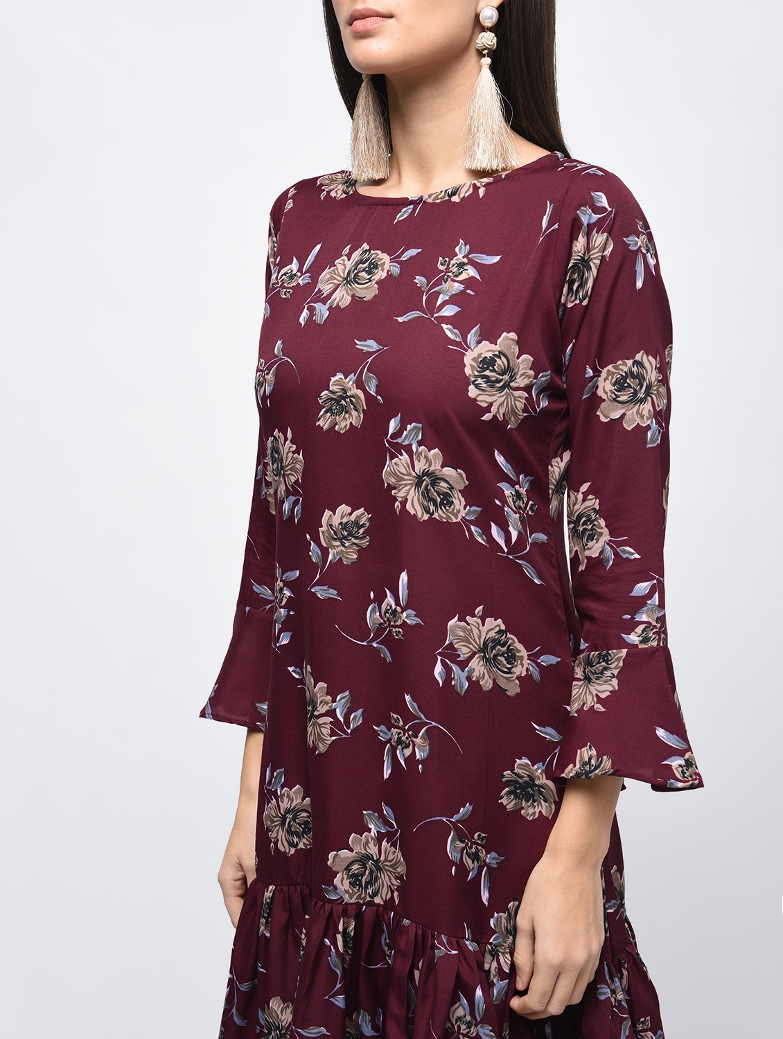 Women's Maroon Polyster Printed Bell Sleeve Round Neck Dress