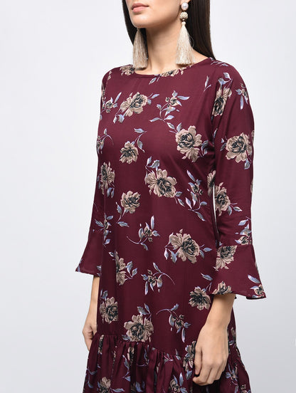 Women's Maroon Polyster Printed Bell Sleeve Round Neck Dress