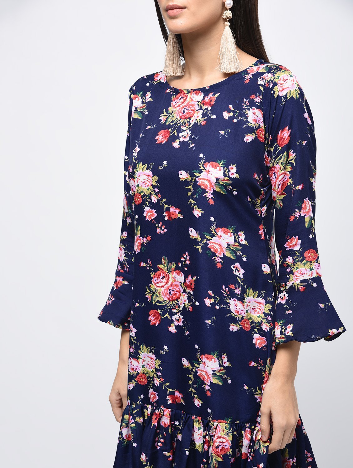 Women's Navy Polyster Printed Bell Sleeve Round Neck Dress