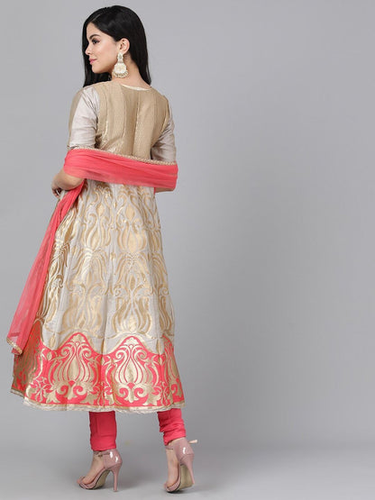Women's  Grey & Peach Woven Design Kurta with Churidar & Dupatta