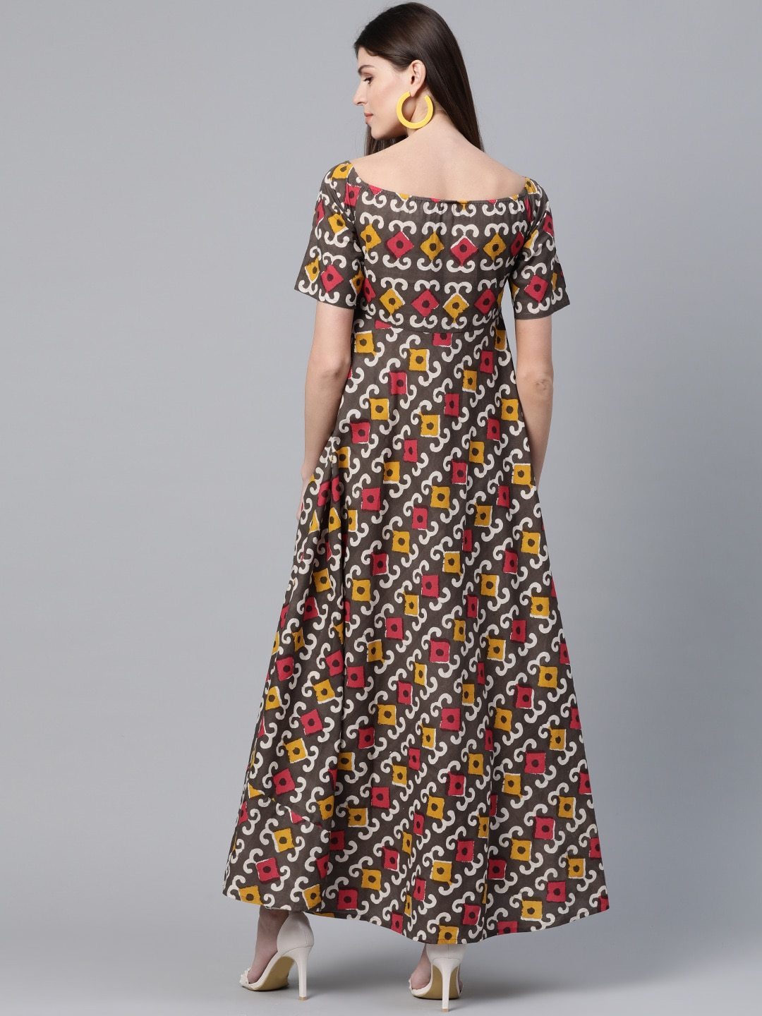 Women's  Brown & Red Ethnic Printed Maxi Dress