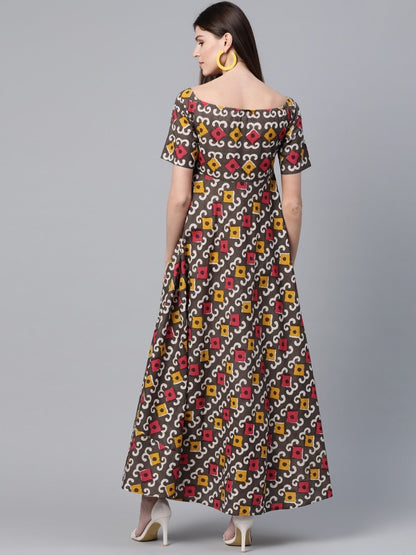 Women's  Brown & Red Ethnic Printed Maxi Dress