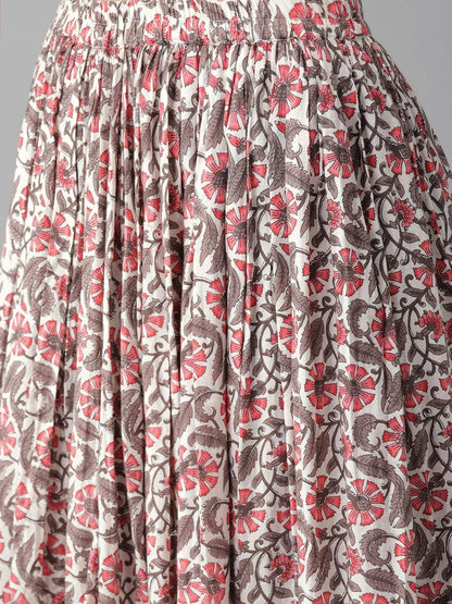 Women's  White & Pink Screen Print Kurta with Skirt