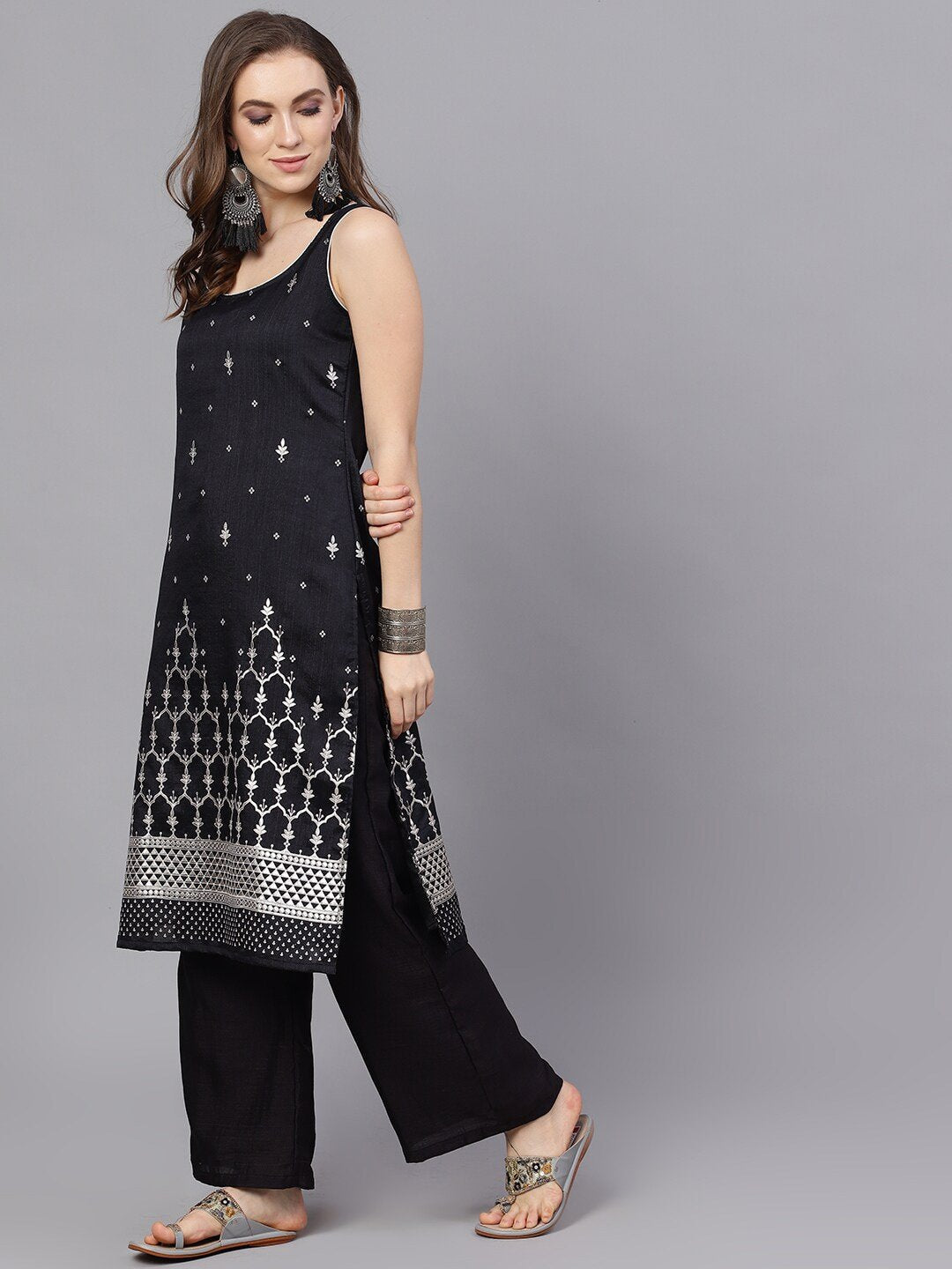 Women's Black Sliver Foil Printed Straight Kurta With Palazzo Set