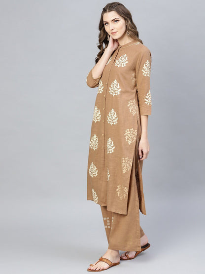 Women's  Brown & Off-White Khari Print Kurta with Palazzos