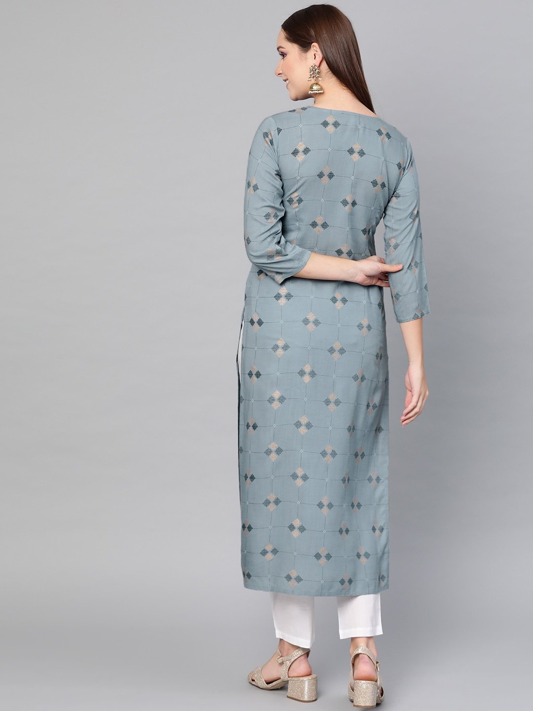 Women's  Blue & Golden Printed Straight Kurta