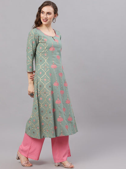 Women's  Green & Pink Printed Straight Kurta