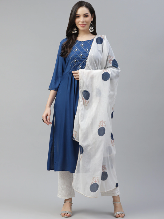 Women's Royal Blue & Offwhite Kurta Set