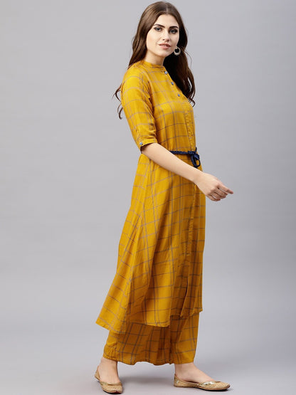 Women's  Mustard Yellow Checked A-Line Kurta