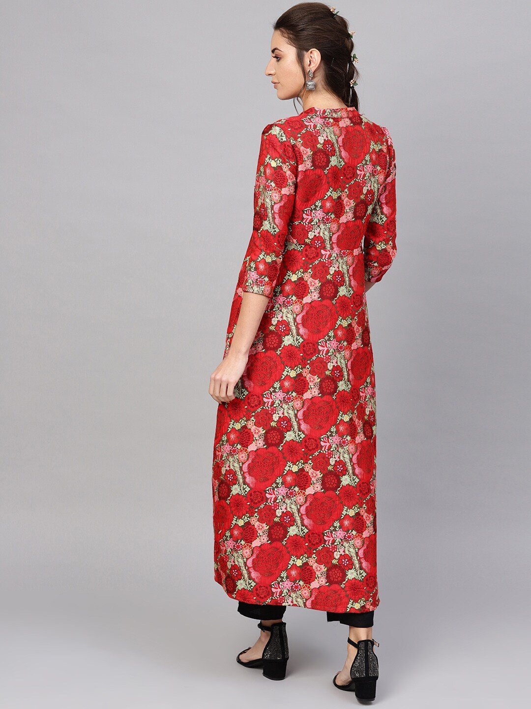 Women's  Red & Green Self Design Longline Ethnic Jacket