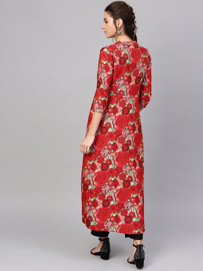 Women's  Red & Green Self Design Longline Ethnic Jacket