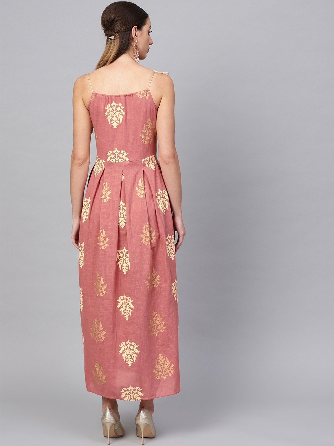 Women's  Pink & Golden Printed Maxi Dress