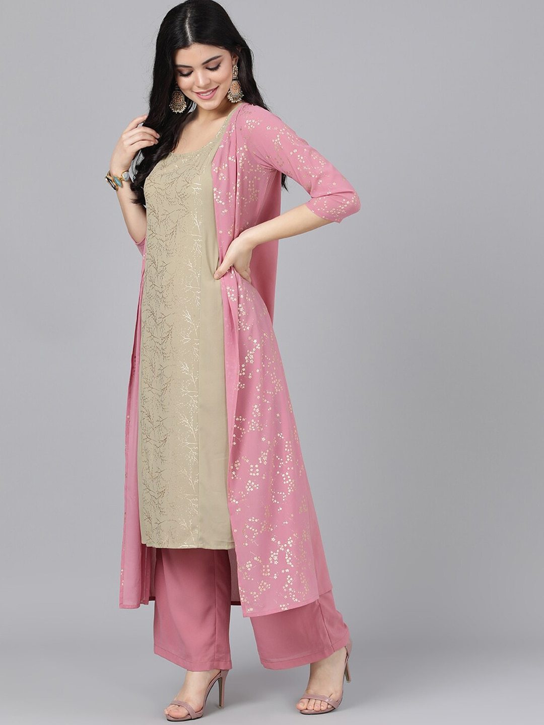 Women's  Pink & Olive Green Self Design Kurta with Palazzos