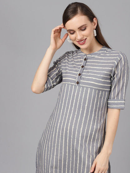Women's  Grey & White Printed Straight Kurta