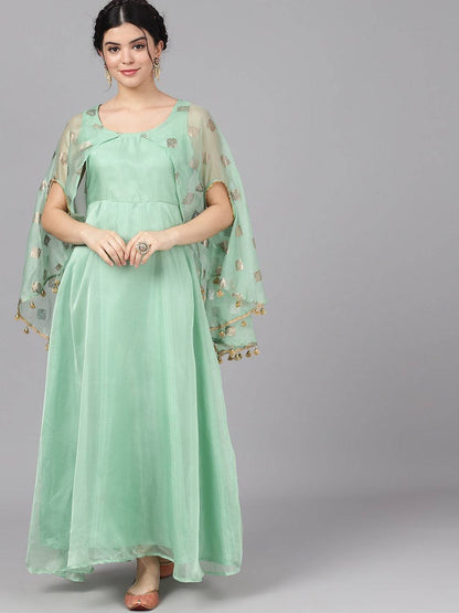 Women's  Green Foil Print Maxi Dress