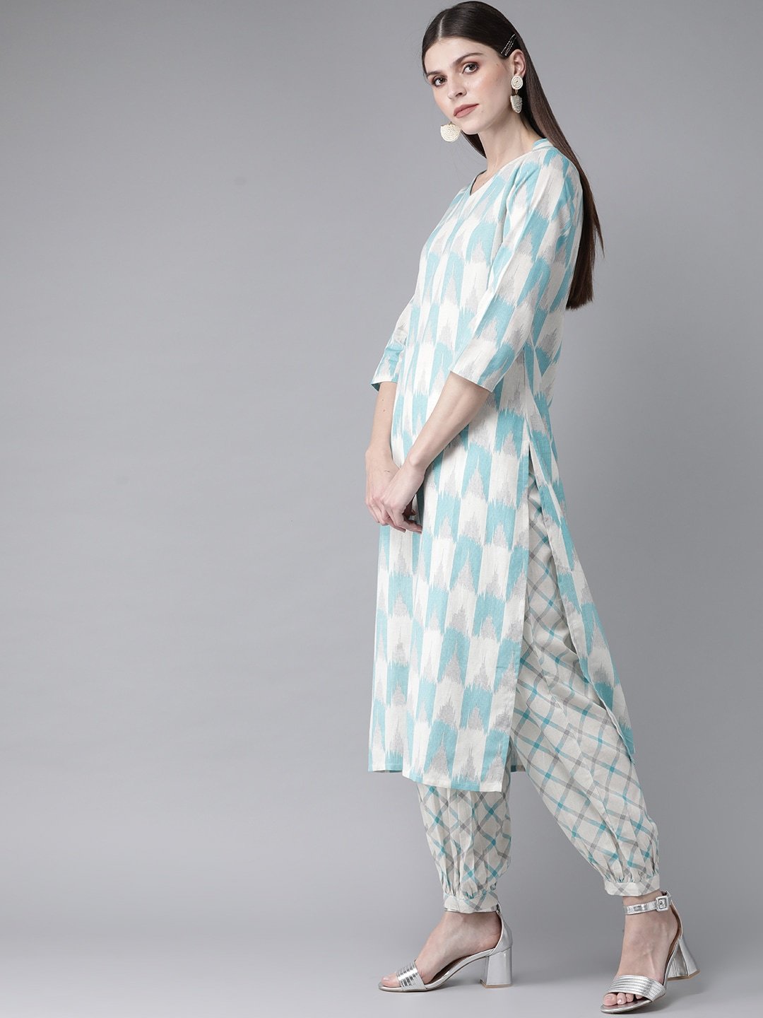 Women's  Blue & White Ikat Print Kurta with Balloon Pant