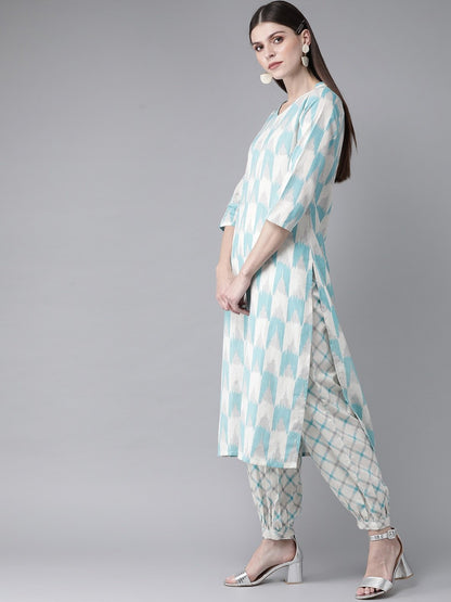 Women's  Blue & White Ikat Print Kurta with Balloon Pant