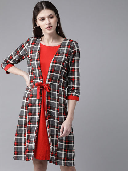 Women's  Grey & Red Checked Layered A-Line Dress
