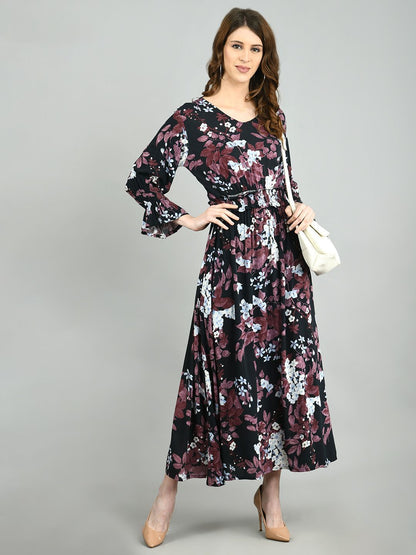 Women's Multi Rayon Printed Full Sleeve V Neck Casual Dress