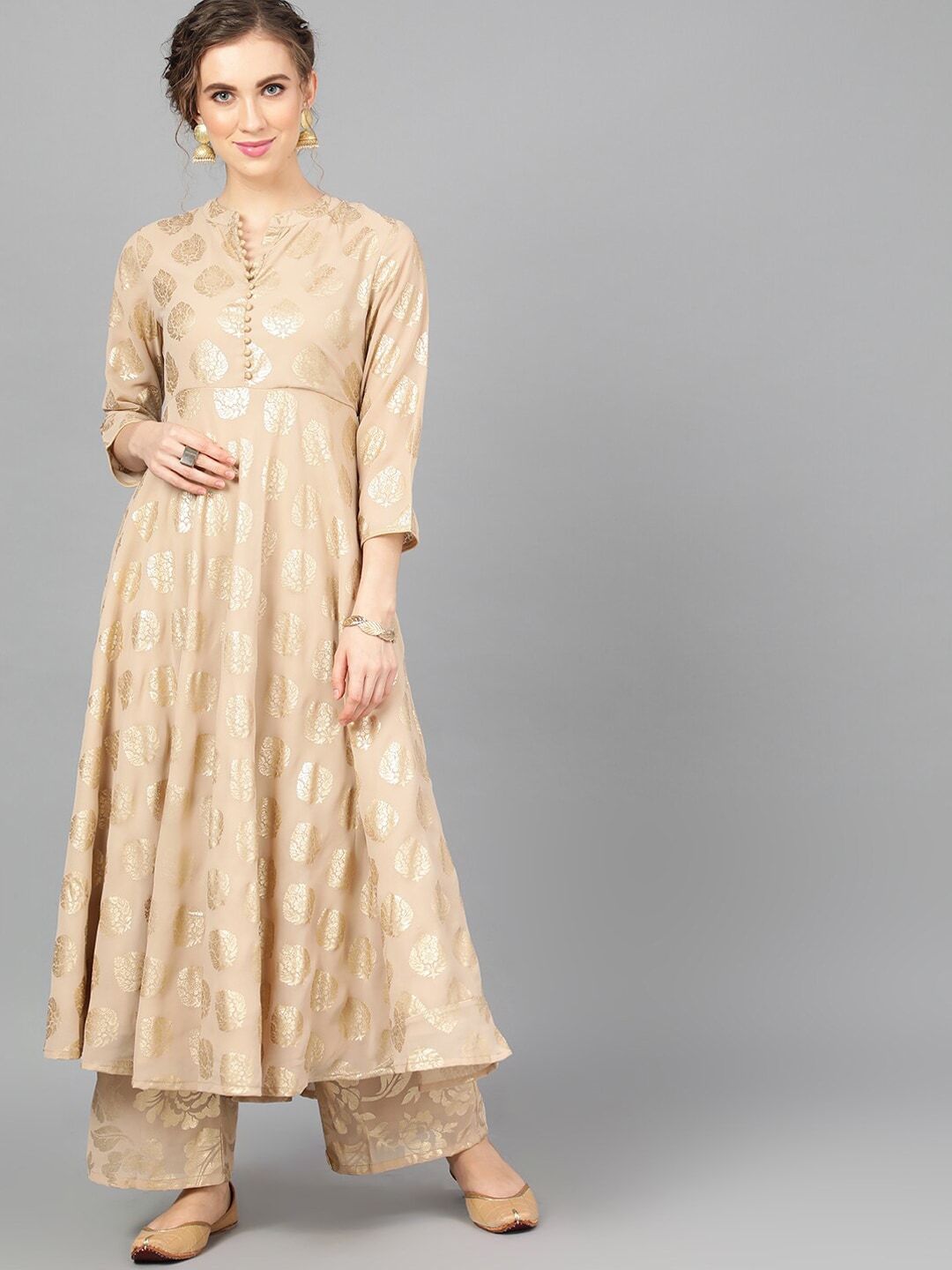 Women's  Beige & Gold-Coloured Printed Anarkali Kurta