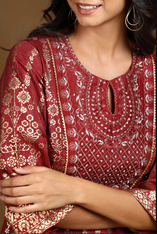 Women's Maroon Shantoon Printed Anarkali Dress