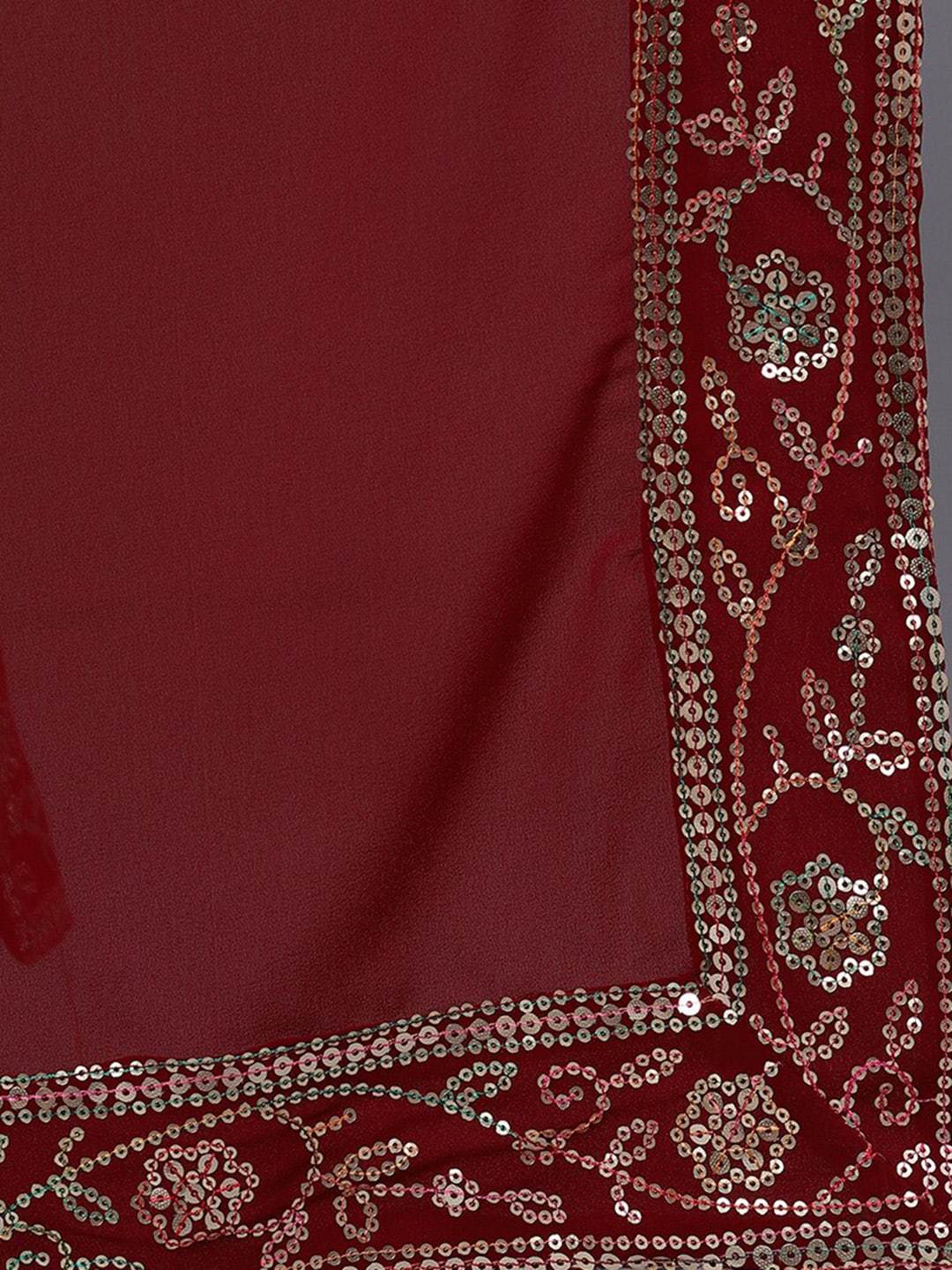 Women's  Maroon & Gold-Coloured Embroidered Kurta with Skirt & Dupatta