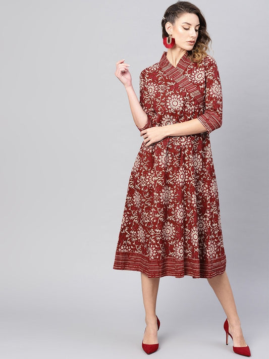 Women's  Maroon & Beige Printed Wrap Dress