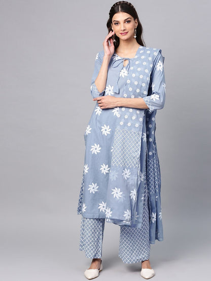 Women's  Blue & White Printed Kurta with Palazzos & Dupatta