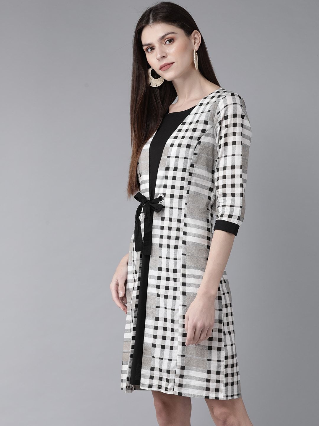 Women's  White & Black Checked Layered A-Line Dress